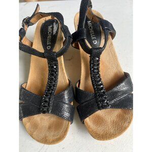 Michelle D Black Rhinestone T-Strap Sandals Shoes Womens Size 5.5